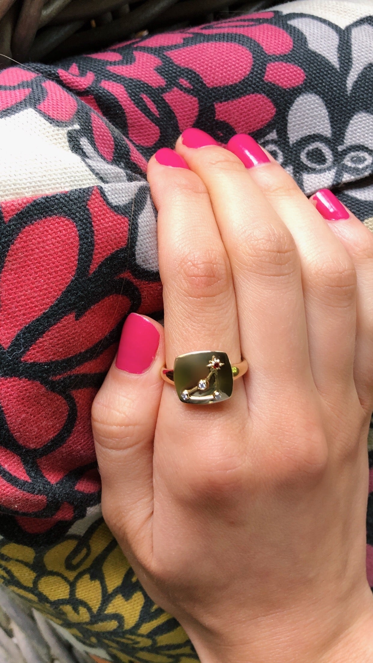 Capricorn Goat Garnet & Diamond Constellation Signet Ring in 14K