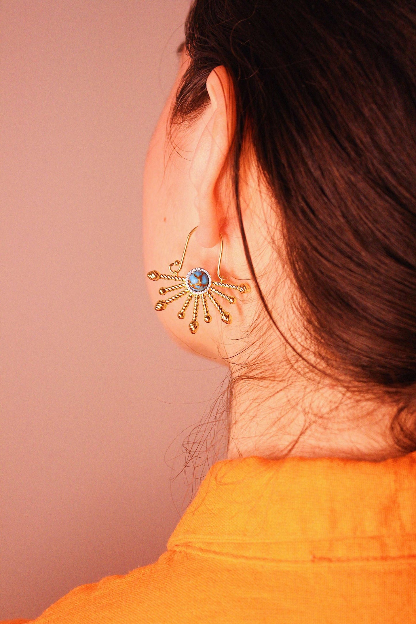 Day Break Half Sun Turquoise Diamond Earrings in 14K Yellow Gold