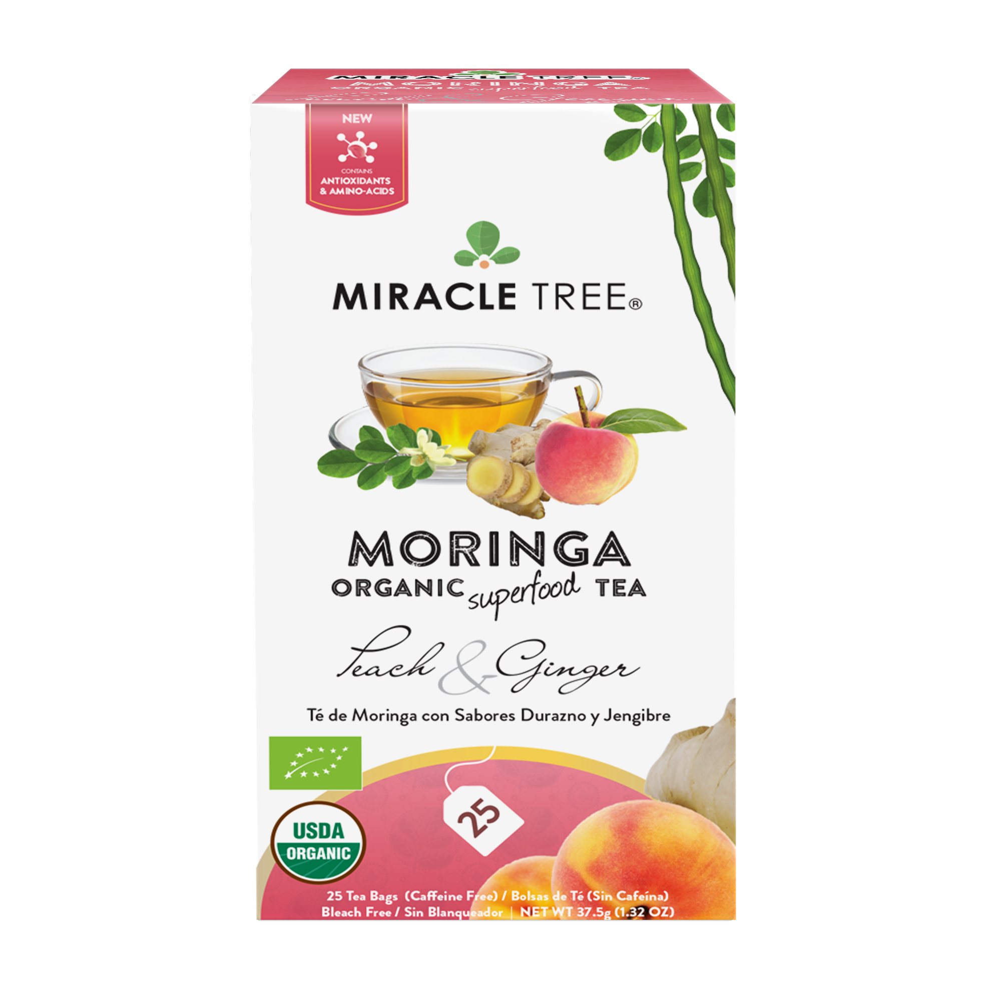 Miracle Tree's Organic Moringa Tea, Peach & Ginger