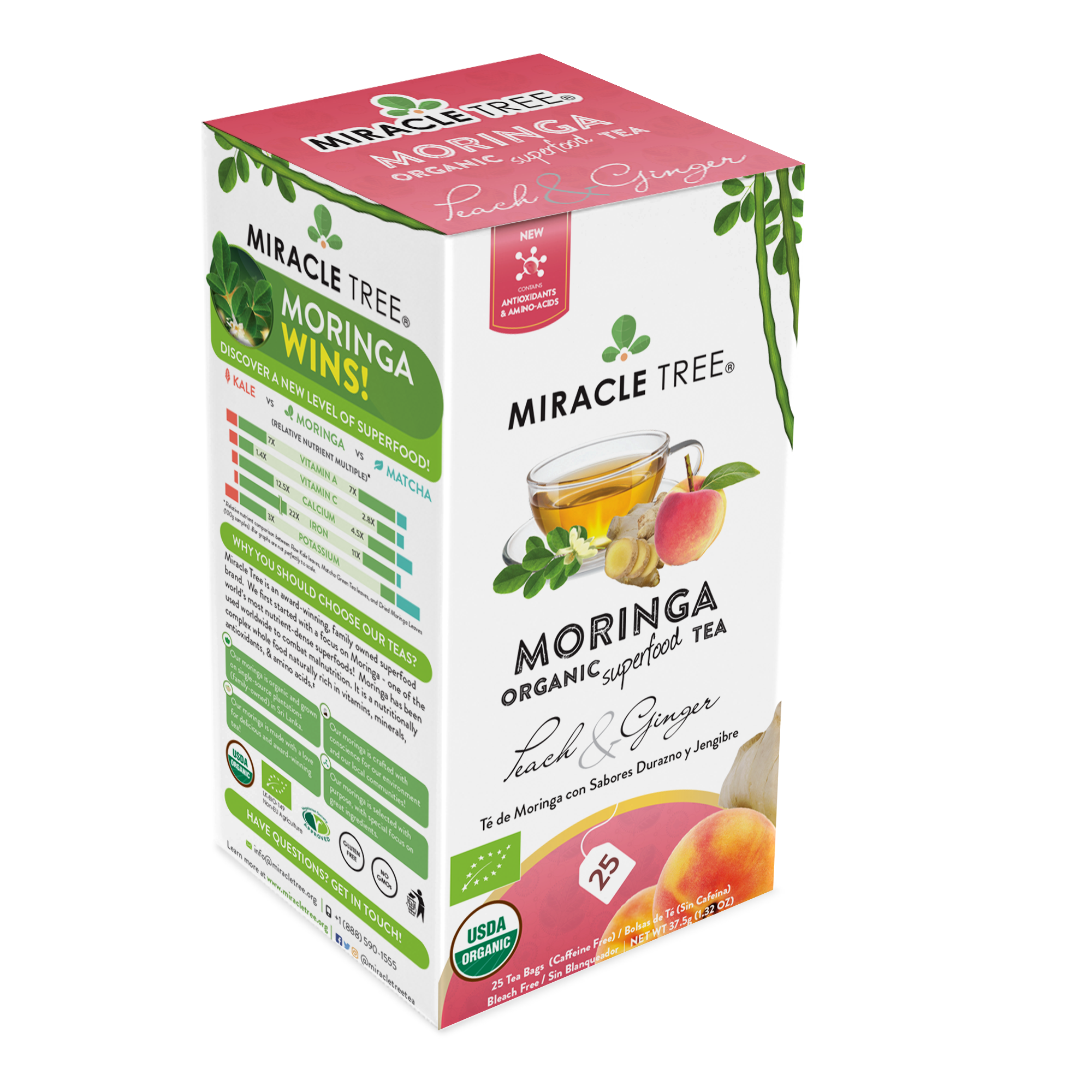 Miracle Tree's Organic Moringa Tea, Peach & Ginger